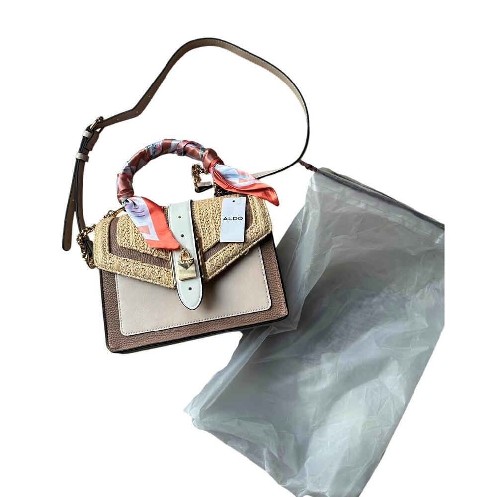 ALDO Satchel Beige & Taupe Straw Flap Bag with Melon Pink Twilly - Picture 9 of 9